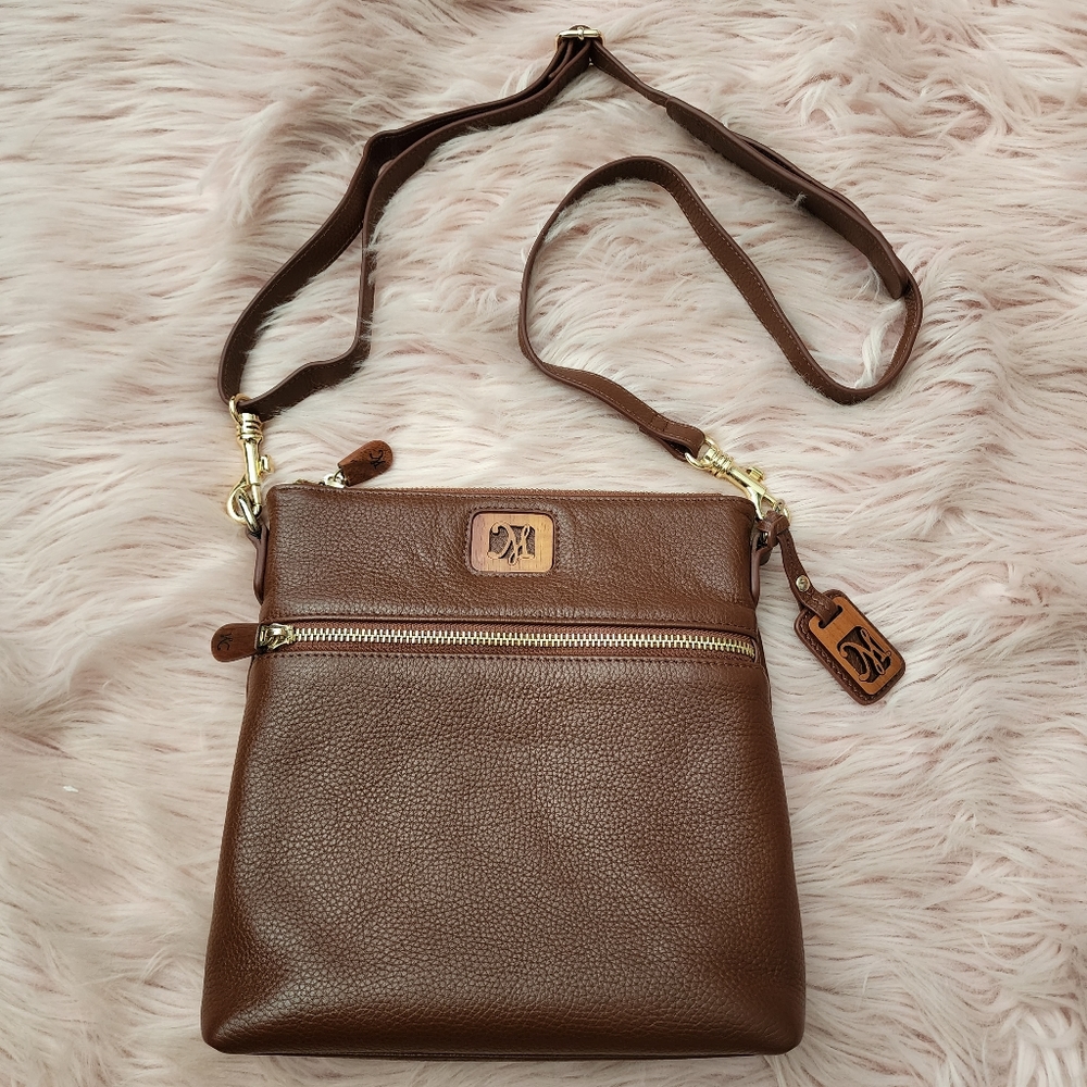 Martin & Macarthur leather crossbody w/ koa wood details